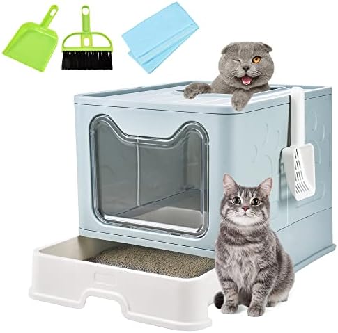 Homagico Foldable Cat Litter Box, Extra Large Front Entry Top Exit Litter Box with Lid, Drawer Type Enclosed Kitty Litter Box with Litter Scoop, Anti-Splashing Cat Toilet Easy Cleaning （Blue）