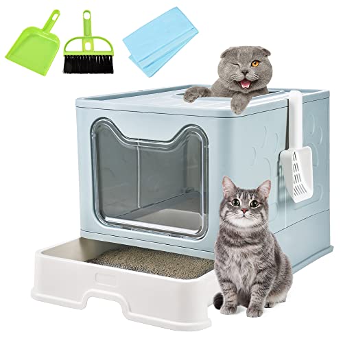 Homagico Foldable Cat Litter Box, Extra Large Front Entry Top Exit Litter Box with Lid, Drawer Type Enclosed Kitty Litter Box with Litter Scoop, Anti-Splashing Cat Toilet Easy Cleaning （Blue）