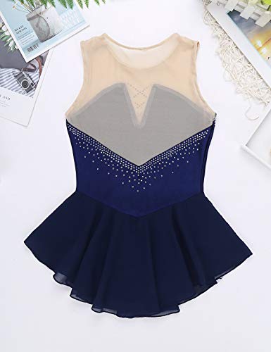 Jeatha Kids Girls Shiny Rhinestone Ballet Costume Sleeveless Splice Ice Skating Skirt Gymnastic Leotard Dress Navy_Blue 12 #TOP5