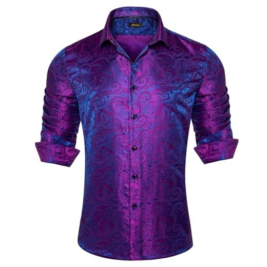 DiBanGu Camisa social masculina de seda Paisley formal manga longa abotoada casual para festa de casamento, Azul, roxo, XGG