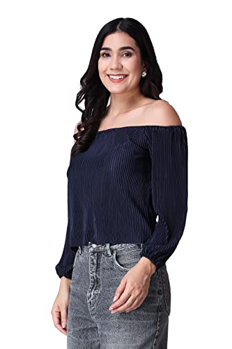 Image of POPWINGS Casual Wrinkle Off Shoulder Crop Top for Women - Designer Stylish Western Full Sleeves
