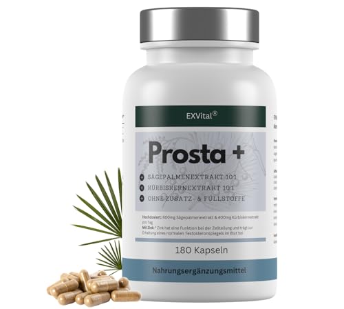 EXVital® Prosta+, 180 vegane Kapseln, hochdosiert mit Sägepalmenextrakt (600mg), Kürbiskernextrakt (400mg) & Zink, laborgeprüft