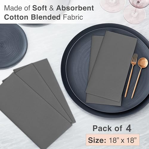 Image of Ruvanti Cloth Napkins Set of 4, 18x18 Inches Napkins Cloth Washable, Soft, Durable, Absorbent, Cotton Blend. Table Dinner Napkins Cloth for Hotel, Lunch, Restaurant, Wedding Parties - Charcoal Grey