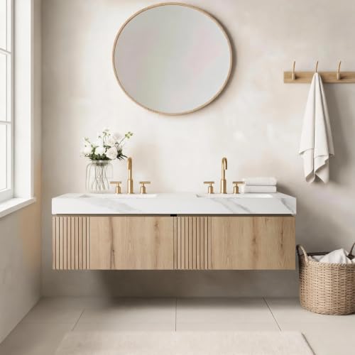 AmbroVania 60" Floating Plywood Bathroom Vanity with Double Sink, Light Oak