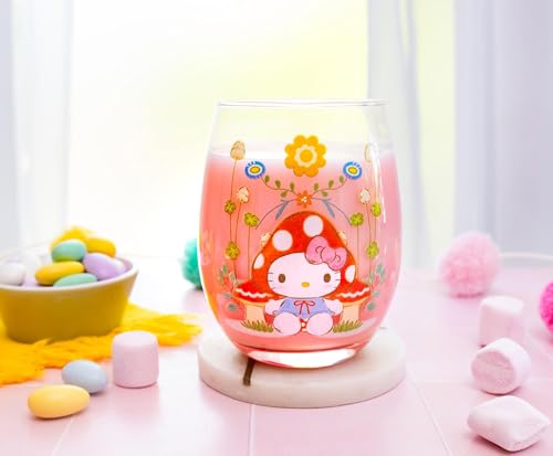 Silver Buffalo Sanrio Hello Kitty Mushroom Art Stemless Wine Glass, Tumbler Cup For Cocktails | Holds 20 Ounces