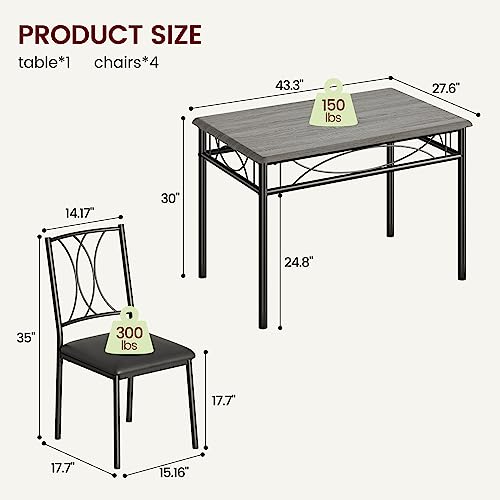 GAOMON Dining Table Set for 4, Rectangle Kitchen Table with 4 Upholstered Chairs Set for 4, 5-Piece Compact Apartment Kitchen & Dining Room Set Furniture for Small Spaces, Space-Saving, Rustic Gray