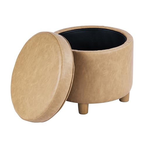 Image of HomePop 19 inch Round Storage Ottoman - Sand Faux Leather