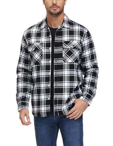 MAGCOMSEN Herren Karierte Jacke Winterjacke Übergangsjacke Warm Baumwolle Freizeit Gefüttert Hemd mit Tasche Schwarz XL