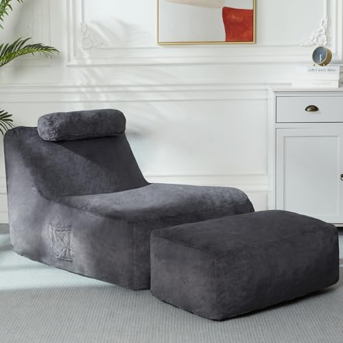 Homguava Bean Bag Chair Large Indoor Beanbag Sofa Lazy Beanbag with Neck Roll&Ottoman Cozy Floor Sofa with Washable Cover&Side Pocket for Bedroom (Dark Grey)