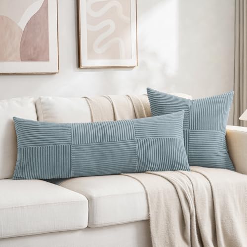 Image of Fancy Homi Set of 2 Light Blue Decorative Throw Pillow Covers 16x16 Inch for Living Room Couch Bed, Rustic Farmhouse Boho Home Decor, Soft Striped Corduroy Textured Square Cushion Case 40x40 cm