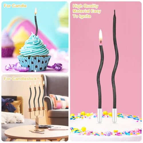 URAQT Metalowe świece, 24 szt. tort urodzinowy faliste cienkie świece ze stojakami, świece urodzinowe świeczki na tort dekoracje imprezowe, akcesoria na imprezy (czarny)
