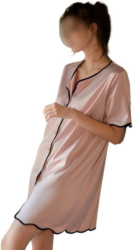 Women's Sexy Loose Short Sleeve Pajama Sleep Lounge Silk Nightgown Sleepshirts