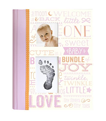 Little Blossoms Vintage Wordplay Five Year Memory Book with Ink Pad, Baby Girl Keepsake, Pink