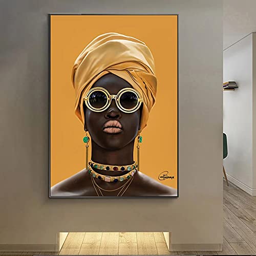 Décoration murale femme noire lunettes de soleil affiche toile jaune portrait femme africaine