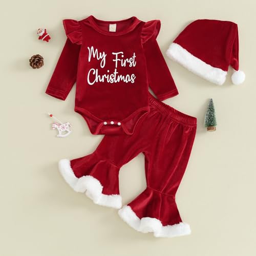 FIOMVA My First Christmas Baby Girl Outfit Newborn Fall Winter Onesie Bell Bottoms Hat 3pcs Set Romper Pants Clothes2