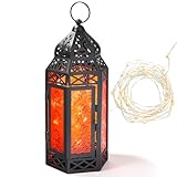 LampLust Moroccan Lantern with Lights, 11 Inch, LED Fairy Lights, Batteries & Timer Included, Black Metal & Red Colored Glass, Eid Ramadan Fanoos Lantern Decorative Indoor, Party Decorations