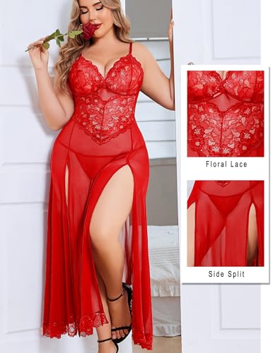Image of Avidlove Plus Size Lingerie for Curvy Women Long Lace Babydoll Nightdress | V neck sheer mesh nightgown,g-string included,high side slits,adjustable straps,curve-flattering fit,maternity photoshoot