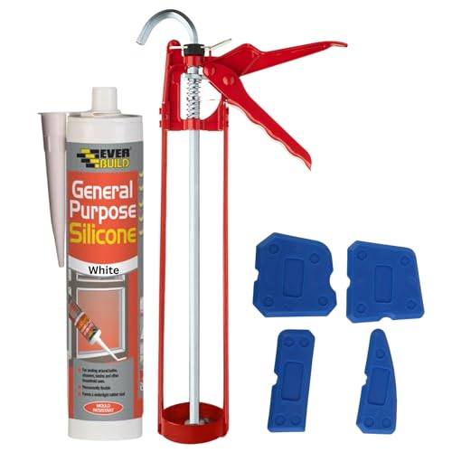 White Silicone Sealant Anti Mould Set - Bundle Includes 11 Inch Caulking Gun, General Purpose Waterproof Silicone Sealant White, Silicone Tool Smoothing Set