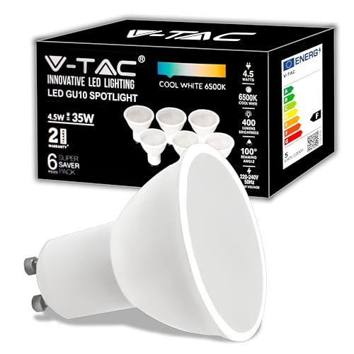 V-TAC 6x Ampoules LED GU10-4,5W (équivalent 35W) - 400 Lumen - Haute Luminosité - Spot LED GU10 pour Efficacité Maximale et Économie d'énergie - Lumière Blanc Froid 6500K