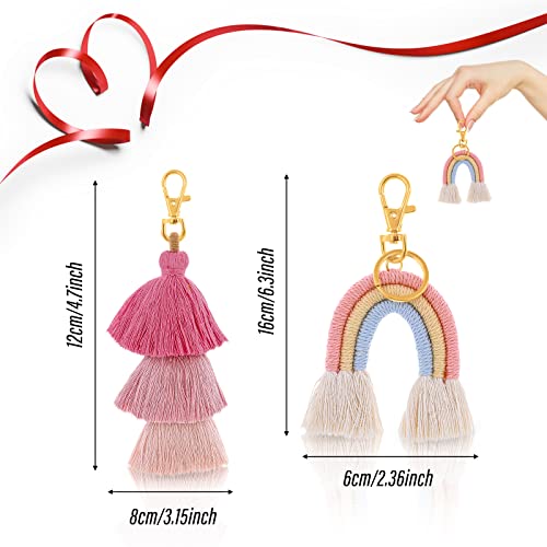 Abeillo 2 Pieces Boho Rainbow Keychains Pom Pom Tassel Bag Charm Macrame Weaving Rainbow Tassel Keychain Boho Rainbow Keyrings For Women, Girls (Fresh Color) #TOP1