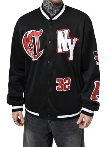 Image of SOLY HUX Men's Varsity Jacket Letter Graphic Long Sleeve Baseball Bomber Jacket with Pockets Black Letter Small