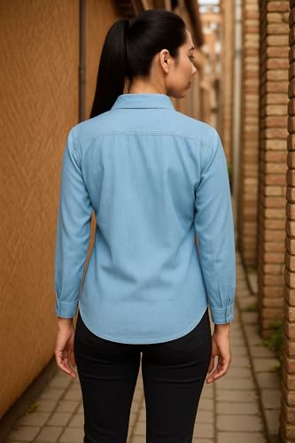 Image of Wingzss Classic Light Blue Denim Button-Down Shirt, Long Sleeve, Casual Style, Front Pockets