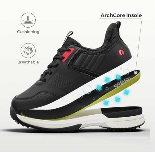 FitVille Wide Mens Golf Shoes Waterproof Spiked Golf Shoes for Men with Arch Support, Slip Resistant, 6 Non-Removable Cleats, Golf Course(Jet Black/Red, 11 Wide) — view 7