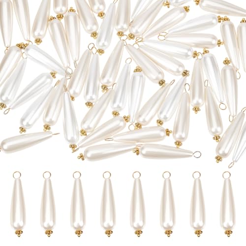 PH PandaHall 80pcs Long Teardrop Pearl Charms, 1.3 x 0.3 Inch Acrylic Pearl Pendants White Drop Craft Beads with Golden Flower Daisy Spacer Beads for Dangle Earrings Necklace Jewelry Making