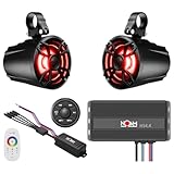 NOAM NUTV5 - Marine ATV/Golf Cart/UTV Stereo System kit – with 2 Waterproof LED Light Tower Speakers, Weatherproof Controller/Head Unit with Bluetooth and AUX Input and Four Channels Amplifier