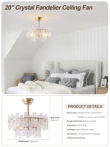 Image of 20 inch Gold Fandelier Ceiling Fan with Light,Gold Crystal Chandelier Ceiling Fans with Lights and Remote Control,Mid-Century Modern Caged with 6 Speeds for Living Room Bedroom Nursery