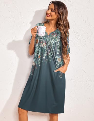 Image of Ekouaer 2 Pack House Dresses for Women with Pockets Short Sleeve Moo Moos | Floral Print Mumu Dresses, V-Neck Pleated Nightgown, Soft, No-Pilling, Wrinkle-Free Moomoo Dress for Home & Garden, S-4XL