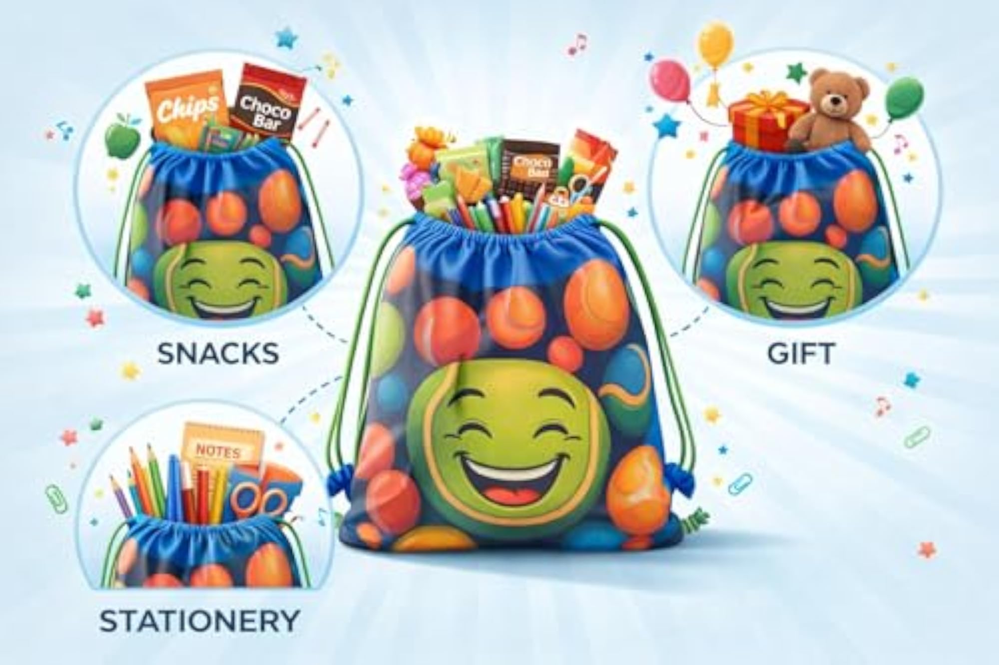 24 Pack Themed Drawstring Bags for Kids Birthday Party
