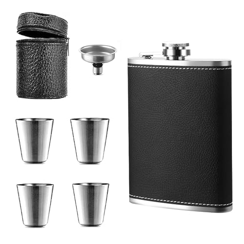 ZMDMAH Hip Flasque en cuir litchi noir et acier inoxydable - 4 tasses de 227 ml - Convient pour le port d'alcool, Mini flasque en acier inoxydable pour hommes et femmes