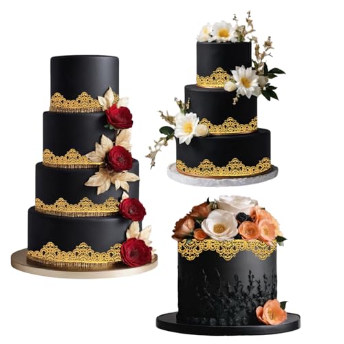 3 Pieces Shiny Gold Honeycomb Edible Sugar Cake Lace Strips - Ready to Use Handcrafted Decoration with 3D Effect