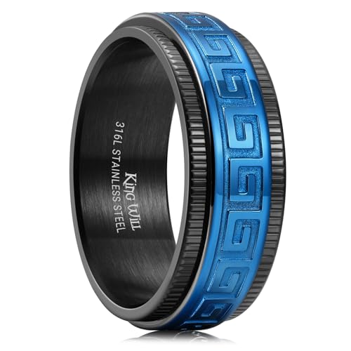 King Will 316L Stainless Steel Fidget Spinner Ring for Men Women-8mm Black Spinner Ring with Blue Greek Key Pattern Anxiety Stress Relief Wedding Band Ring Comfort Fit Size 11