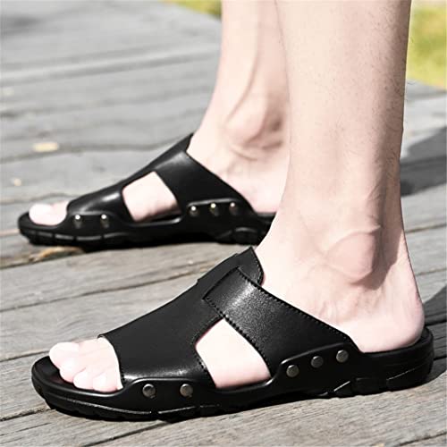 Men Leather Slides Slippers Plus Size 50 51 52 Casual Shoes Outdoor Beach Black Soft Sandals Flat(OneColor,43)4