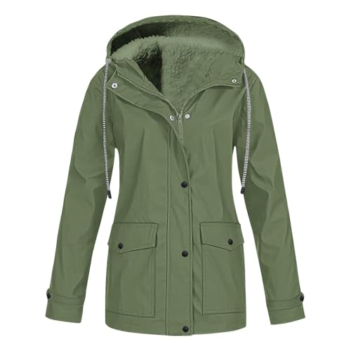 OVARA Abrigo impermeable con forro polar para mujer, chaqueta de invierno con capucha para mujer, para exteriores, funcional, resistente al viento, talla grande, casual, lisa, con cremallera, chaqueta