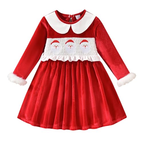 Toddler Girls Christmas Dress Long Sleeve Crew Neck Embroidery Santa Claus Winter Christmas Party Dress 12M-5T