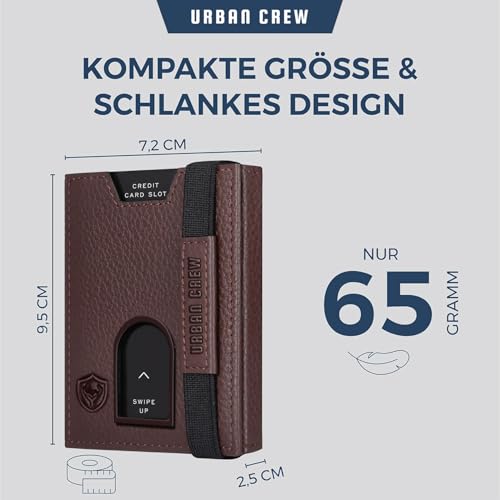 Image of URBAN CREW Smart Slim Wallet for Men - RFID Blocking Leather Card Holder with Swipe-Up Slot & Elastic Strap - Minimalist Front Pocket Wallet (Brown)