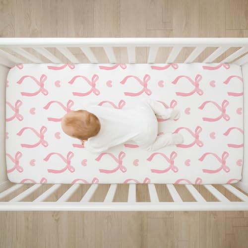 Image of 4 Pack Pink Bow Crib Sheet Set for Baby Girl, Soft Breathable Fitted Crib Sheet 28 x 52 in, Nursery Decor for Standard Crib and Toddler Bed Mattresses