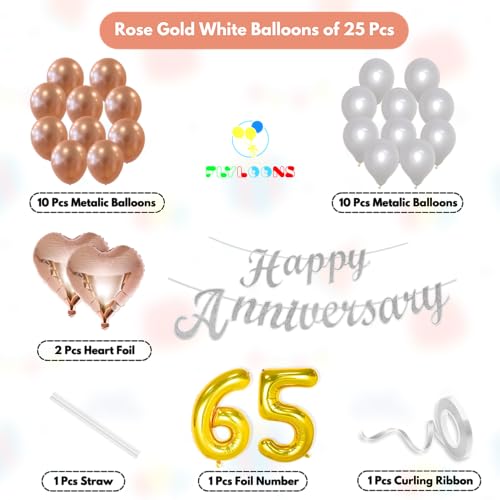 Image of Flyloons 65th Happy Anniversary Decoration Items Rose Gold White for Men Women Husband Wife Mom Dad Parent Couple Home Bedroom Car With 20 Pcs Metallic Balloons Anniversary Banner 2 Pcs Heart Set Kit
