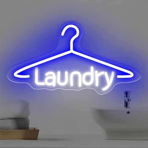 Image of Laundry Neon Sign Laundromat Led Neon Sign Washing Machine LED Light | USB Powered Neon Sign For Laundry Room Laundry Wall Art Laundry Room Decors 16.5 inchx9.1 inch, Blue+White