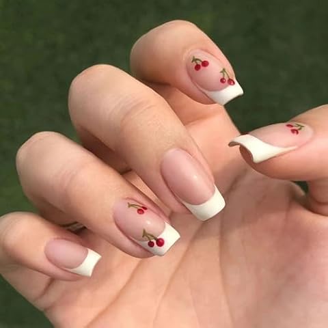 White French Tip Press on Nails with Cherry Designs Acrylic Nails Short Square Fake Nails Cute False Nails Full Cover Acrylic Nails Reusable Glue on Nails for Women Manicure 24 Pcs Cover