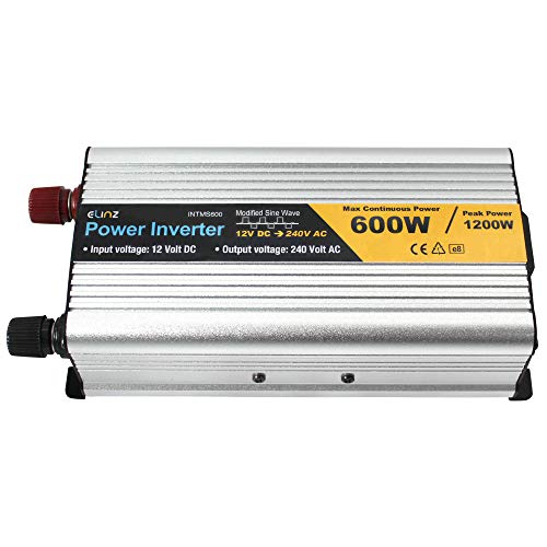 Elinz 600W/1200W 12V-240V Power Inverter Modified Sine Wave Camping Caravan Boat 2 Years Wty USB, >90% Efficiency, Compact, High Voltage Input Protection