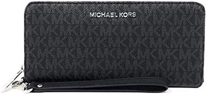 Michael Kors Jet Set Travel Continental Zip Around Leather Wallet Wristlet (Black PVC/Silver Hardware)