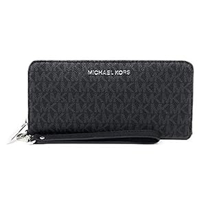 Michael-Kors-Womens-Jet-Set-Travel-Continental Michael Kors Jet Set Travel Continental Zip Around Leather Wallet Wristlet (Black PVC/Silver Hardware)