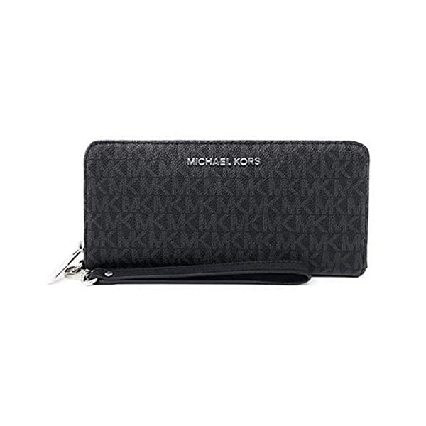 Michael Kors Jet Set Travel Continental Zip Around Leather Wallet Wristlet (Black PVC/Silver Hardware)