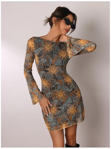 Image of Milumia Women's Floral Long Bell Sleeve Backless Mini Dress Party Date Night Going Out Dresses