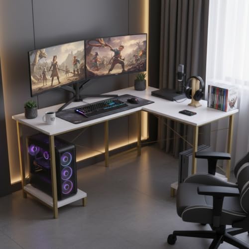 Image of RIZIK Store L-Shaped Computer Desk | 50-Inch Corner Gaming & Study Table with Engineered Wood Top, Metal Frame & CPU Shelf | Writing Workstation for Bedroom, Office & Small Rooms (White Gold)