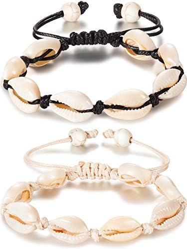meekoo 2 Pieces Natural Shell Anklet Bracelet Handmade Beach Foot Jewelry Adjustable Boho Beaded Anklet for Women and Girls (Style A)